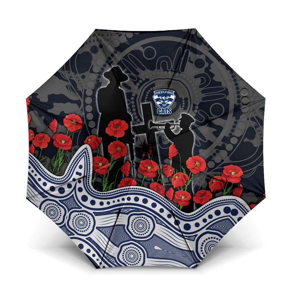Geelong Cats ANZAC Day Umbrella Indigenous Dot Art with Poppy Flower Tribute