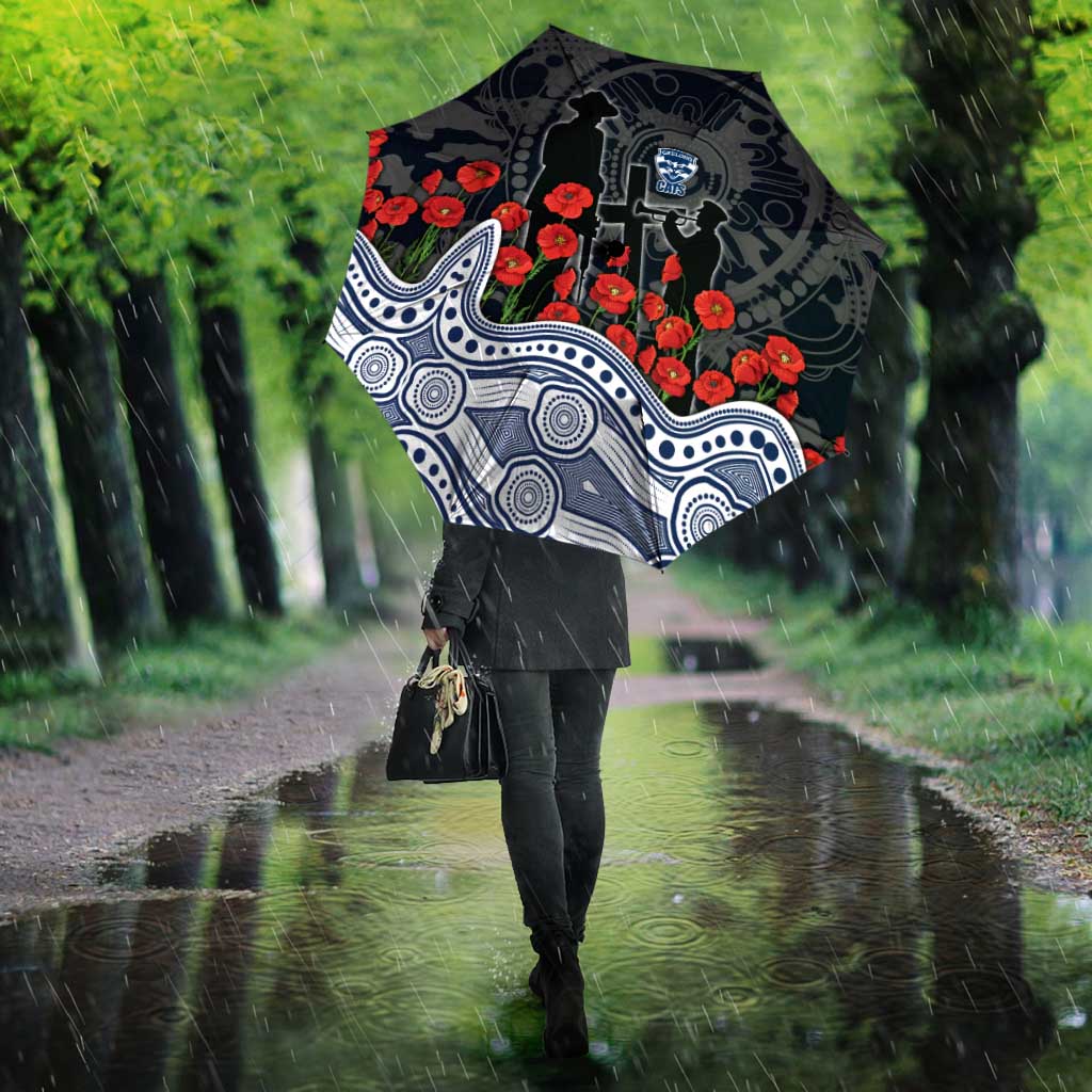 Geelong Cats ANZAC Day Umbrella Indigenous Dot Art with Poppy Flower Tribute