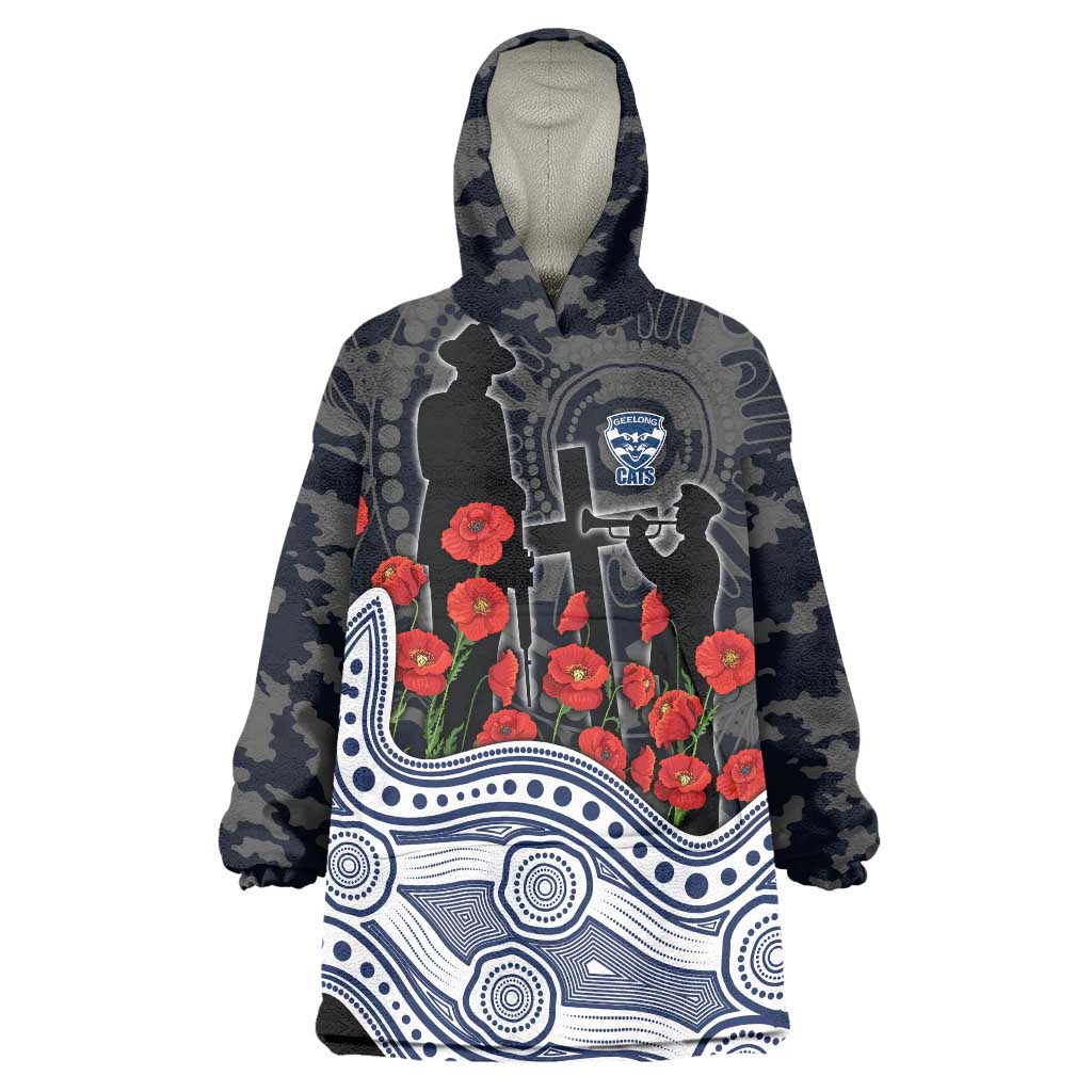 Geelong Cats ANZAC Day Wearable Blanket Hoodie Indigenous Dot Art with Poppy Flower Tribute