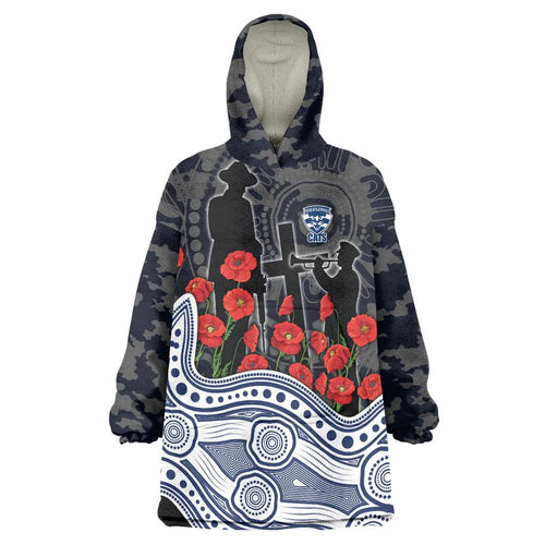 Geelong Cats ANZAC Day Wearable Blanket Hoodie Indigenous Dot Art with Poppy Flower Tribute