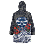 Geelong Cats ANZAC Day Wearable Blanket Hoodie Indigenous Dot Art with Poppy Flower Tribute