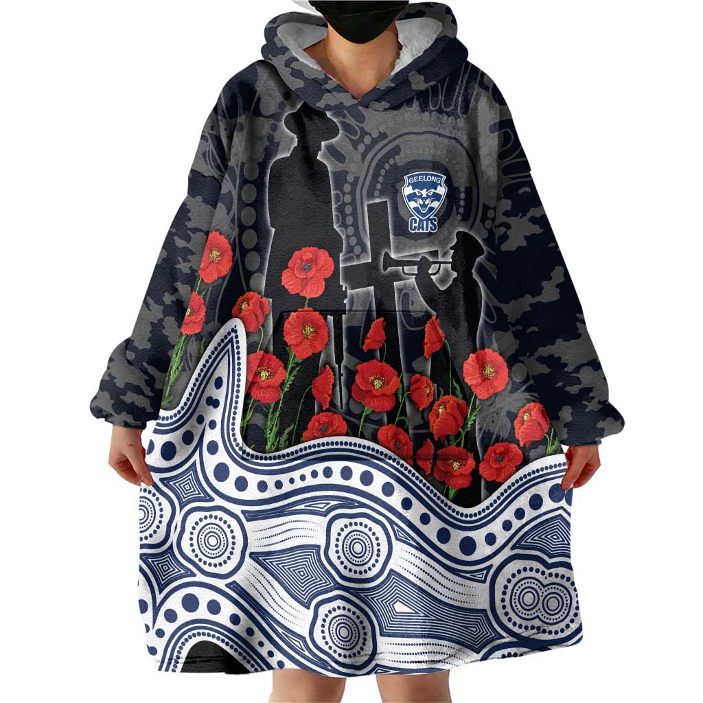 Geelong Cats ANZAC Day Wearable Blanket Hoodie Indigenous Dot Art with Poppy Flower Tribute