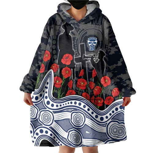 Geelong Cats ANZAC Day Wearable Blanket Hoodie Indigenous Dot Art with Poppy Flower Tribute