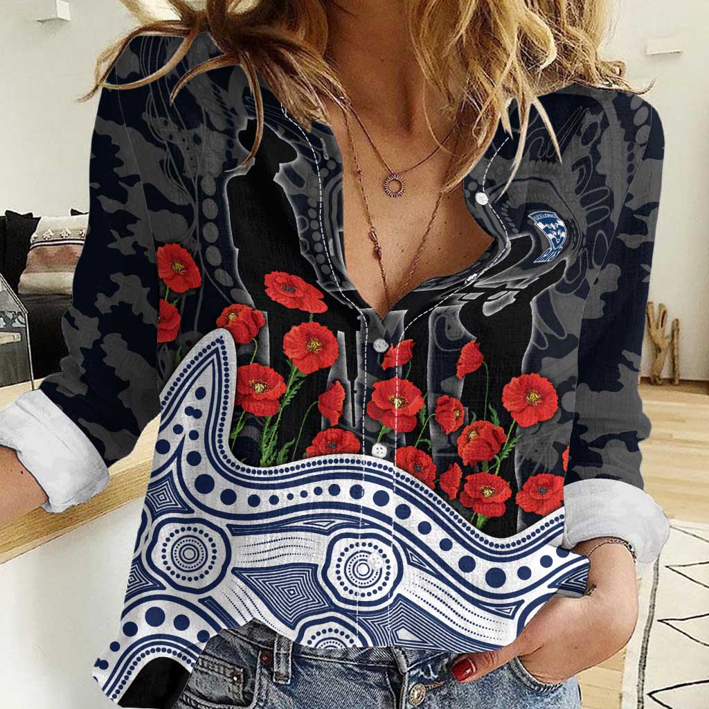 Geelong Cats ANZAC Day Women Casual Shirt Indigenous Dot Art with Poppy Flower Tribute