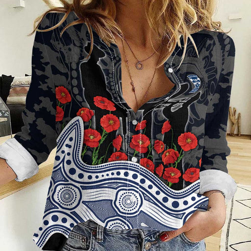 Geelong Cats ANZAC Day Women Casual Shirt Indigenous Dot Art with Poppy Flower Tribute