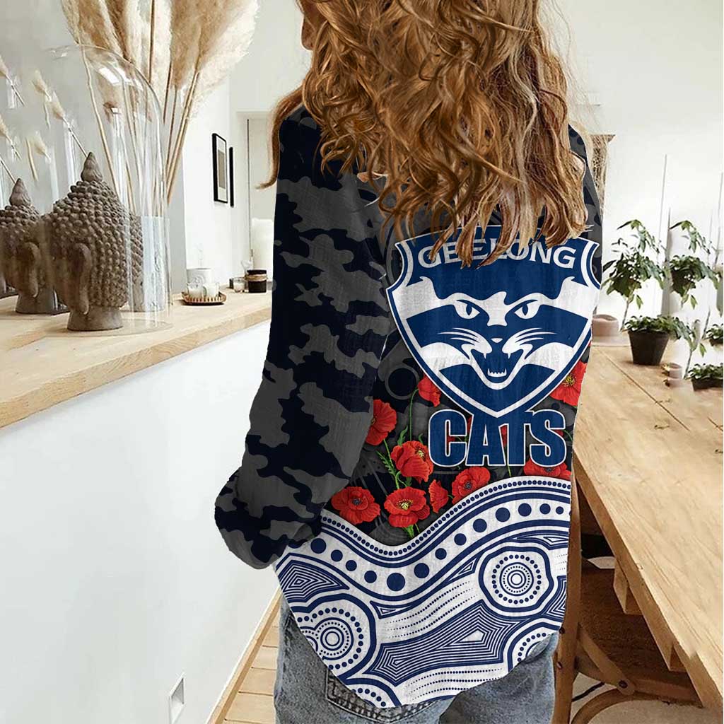 Geelong Cats ANZAC Day Women Casual Shirt Indigenous Dot Art with Poppy Flower Tribute