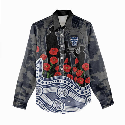 Geelong Cats ANZAC Day Women Casual Shirt Indigenous Dot Art with Poppy Flower Tribute