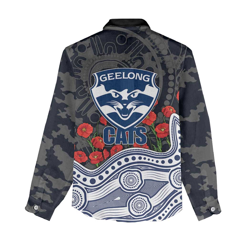 Geelong Cats ANZAC Day Women Casual Shirt Indigenous Dot Art with Poppy Flower Tribute