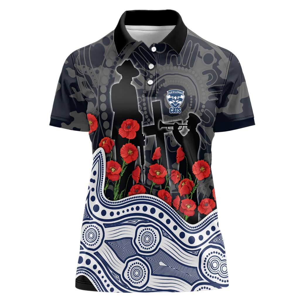 Geelong Cats ANZAC Day Women Polo Shirt Indigenous Dot Art with Poppy Flower Tribute