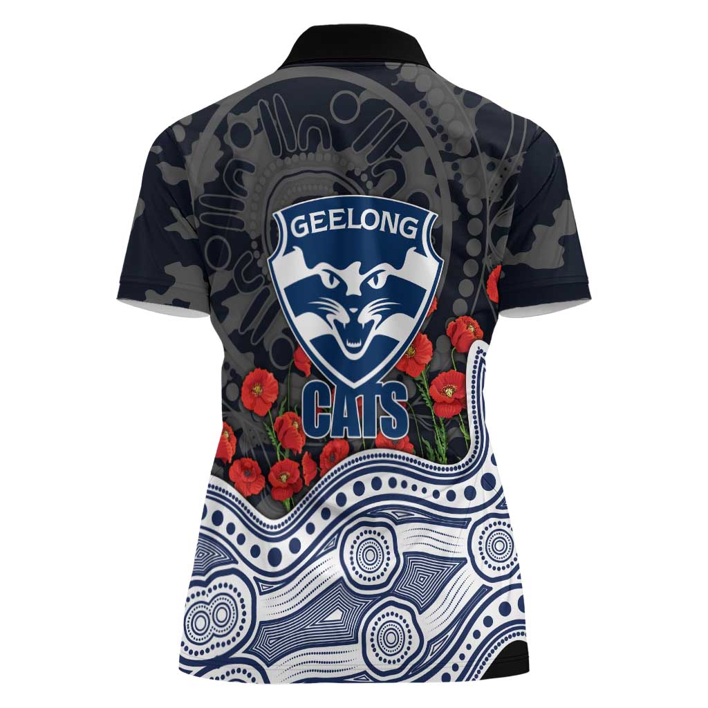 Geelong Cats ANZAC Day Women Polo Shirt Indigenous Dot Art with Poppy Flower Tribute