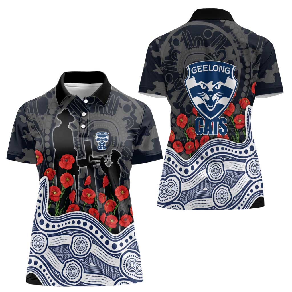 Geelong Cats ANZAC Day Women Polo Shirt Indigenous Dot Art with Poppy Flower Tribute