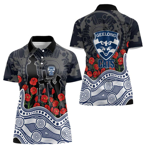 Geelong Cats ANZAC Day Women Polo Shirt Indigenous Dot Art with Poppy Flower Tribute