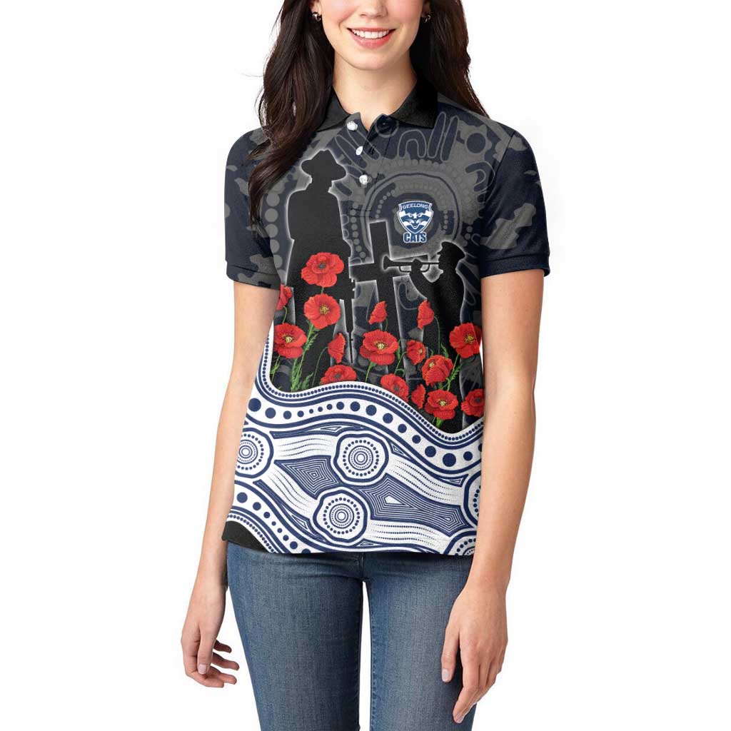 Geelong Cats ANZAC Day Women Polo Shirt Indigenous Dot Art with Poppy Flower Tribute