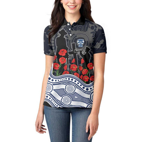 Geelong Cats ANZAC Day Women Polo Shirt Indigenous Dot Art with Poppy Flower Tribute