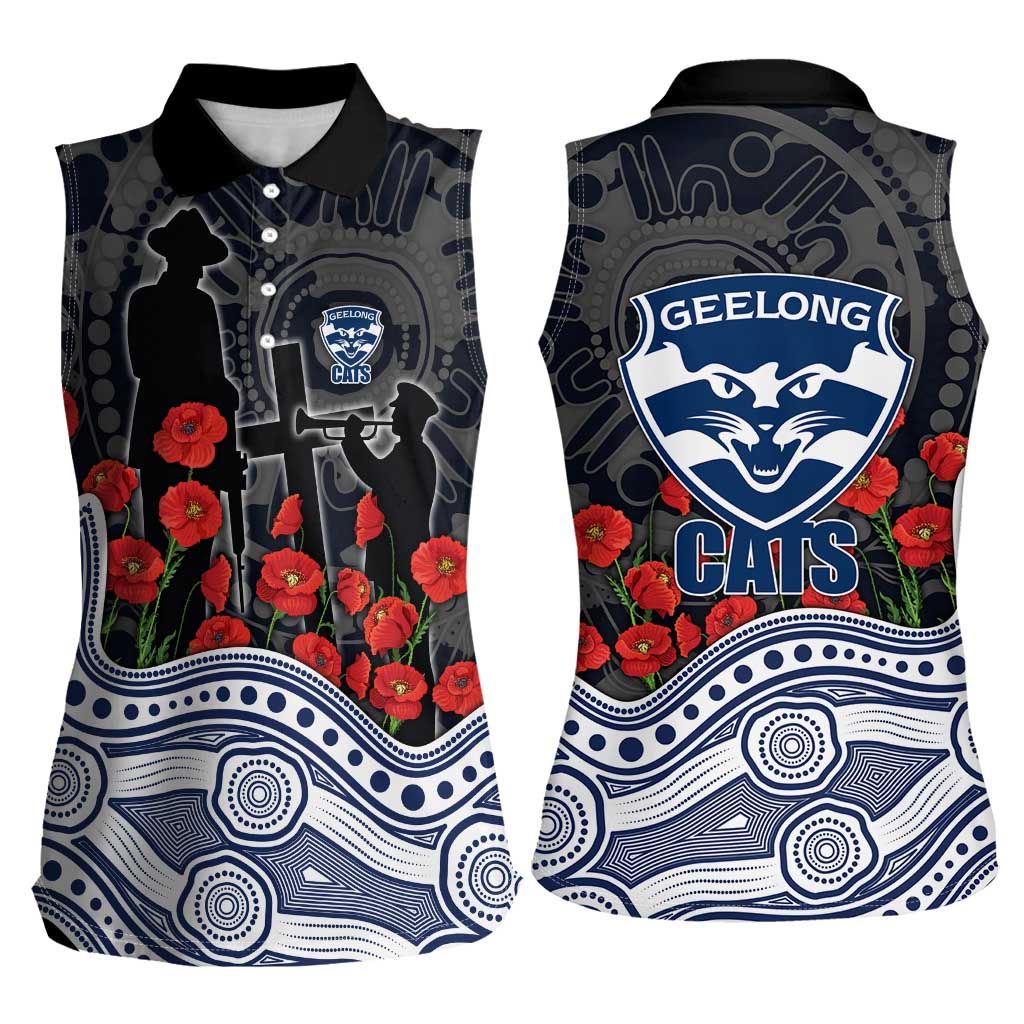 Geelong Cats ANZAC Day Women Sleeveless Polo Shirt Indigenous Dot Art with Poppy Flower Tribute