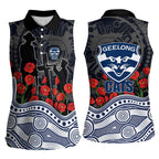 Geelong Cats ANZAC Day Women Sleeveless Polo Shirt Indigenous Dot Art with Poppy Flower Tribute