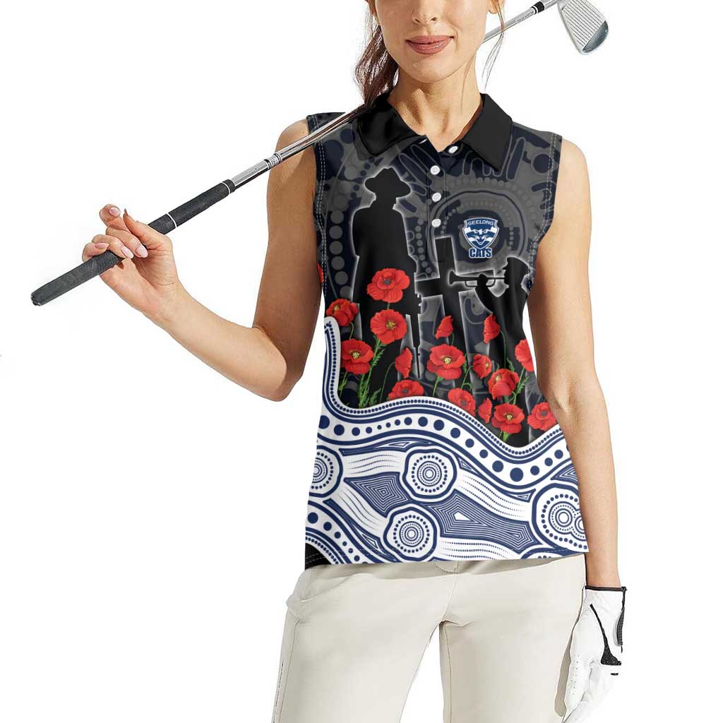 Geelong Cats ANZAC Day Women Sleeveless Polo Shirt Indigenous Dot Art with Poppy Flower Tribute