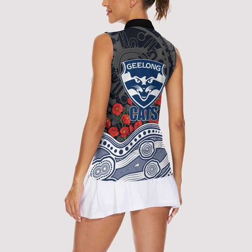 Geelong Cats ANZAC Day Women Sleeveless Polo Shirt Indigenous Dot Art with Poppy Flower Tribute