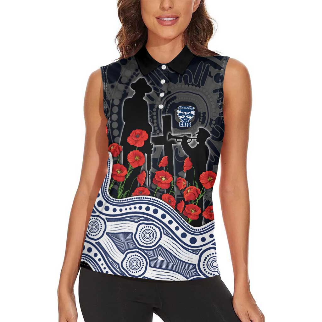 Geelong Cats ANZAC Day Women Sleeveless Polo Shirt Indigenous Dot Art with Poppy Flower Tribute
