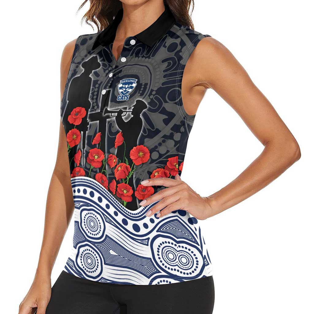 Geelong Cats ANZAC Day Women Sleeveless Polo Shirt Indigenous Dot Art with Poppy Flower Tribute