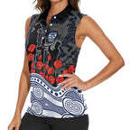 Geelong Cats ANZAC Day Women Sleeveless Polo Shirt Indigenous Dot Art with Poppy Flower Tribute