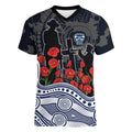 Geelong Cats ANZAC Day Women V-Neck T-Shirt Indigenous Dot Art with Poppy Flower Tribute