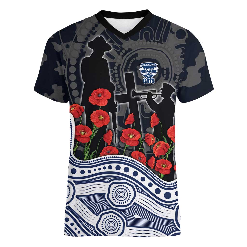 Geelong Cats ANZAC Day Women V-Neck T-Shirt Indigenous Dot Art with Poppy Flower Tribute