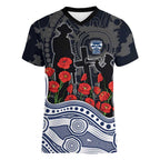 Geelong Cats ANZAC Day Women V-Neck T-Shirt Indigenous Dot Art with Poppy Flower Tribute