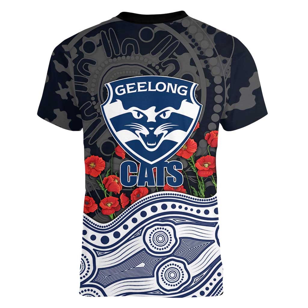 Geelong Cats ANZAC Day Women V-Neck T-Shirt Indigenous Dot Art with Poppy Flower Tribute