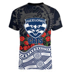Geelong Cats ANZAC Day Women V-Neck T-Shirt Indigenous Dot Art with Poppy Flower Tribute