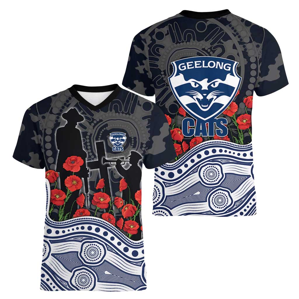 Geelong Cats ANZAC Day Women V-Neck T-Shirt Indigenous Dot Art with Poppy Flower Tribute