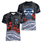 Geelong Cats ANZAC Day Women V-Neck T-Shirt Indigenous Dot Art with Poppy Flower Tribute