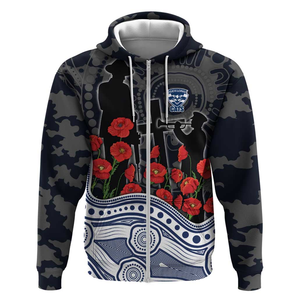 Geelong Cats ANZAC Day Zip Hoodie Indigenous Dot Art with Poppy Flower Tribute