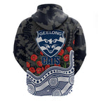 Geelong Cats ANZAC Day Zip Hoodie Indigenous Dot Art with Poppy Flower Tribute