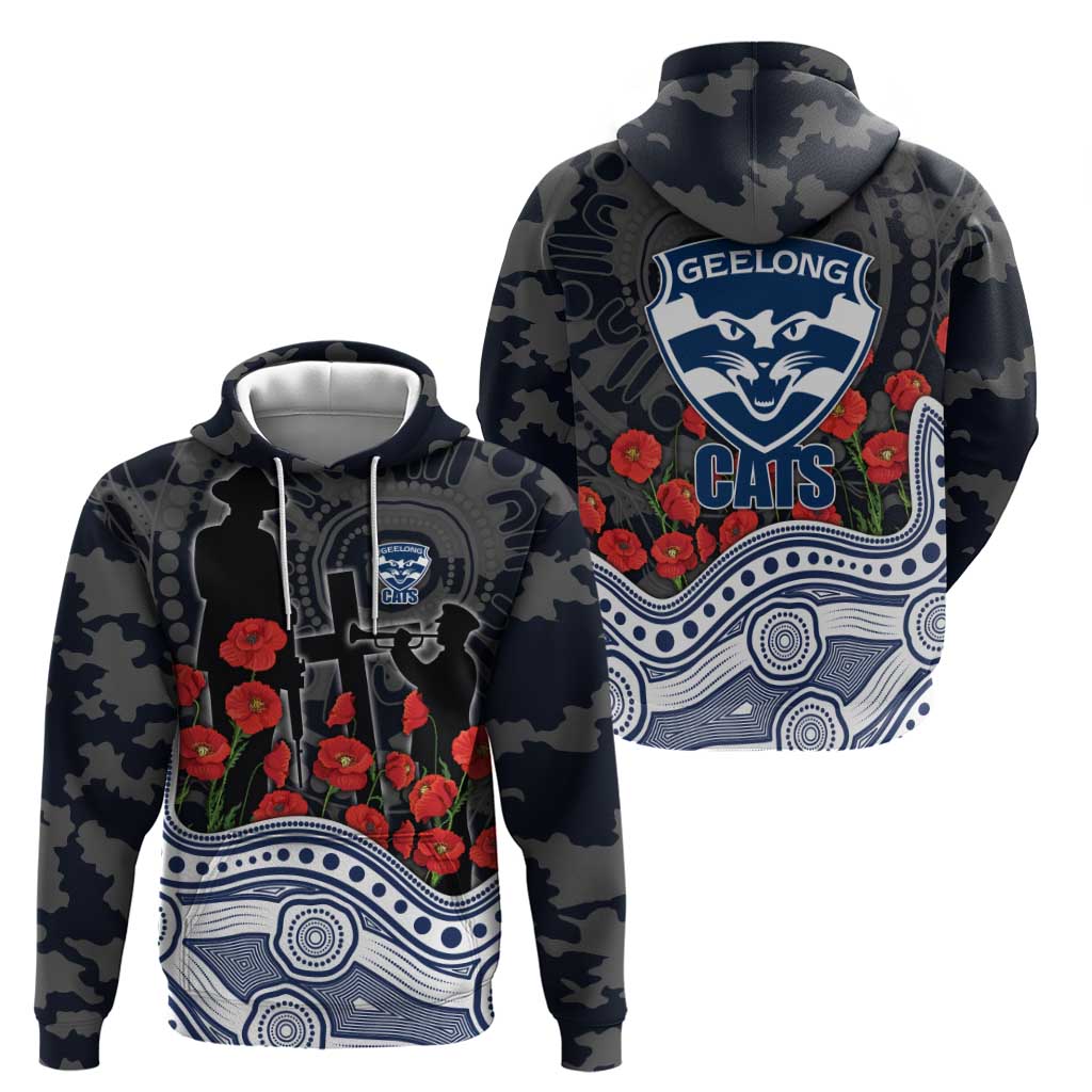 Geelong Cats ANZAC Day Zip Hoodie Indigenous Dot Art with Poppy Flower Tribute