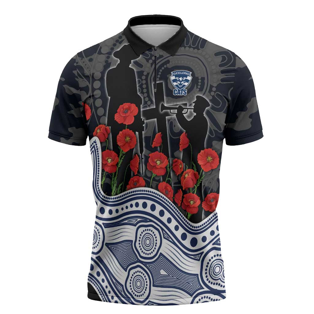 Geelong Cats ANZAC Day Zipper Polo Shirt Indigenous Dot Art with Poppy Flower Tribute
