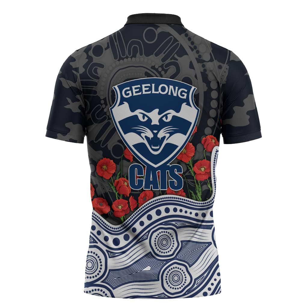 Geelong Cats ANZAC Day Zipper Polo Shirt Indigenous Dot Art with Poppy Flower Tribute