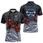 Geelong Cats ANZAC Day Zipper Polo Shirt Indigenous Dot Art with Poppy Flower Tribute