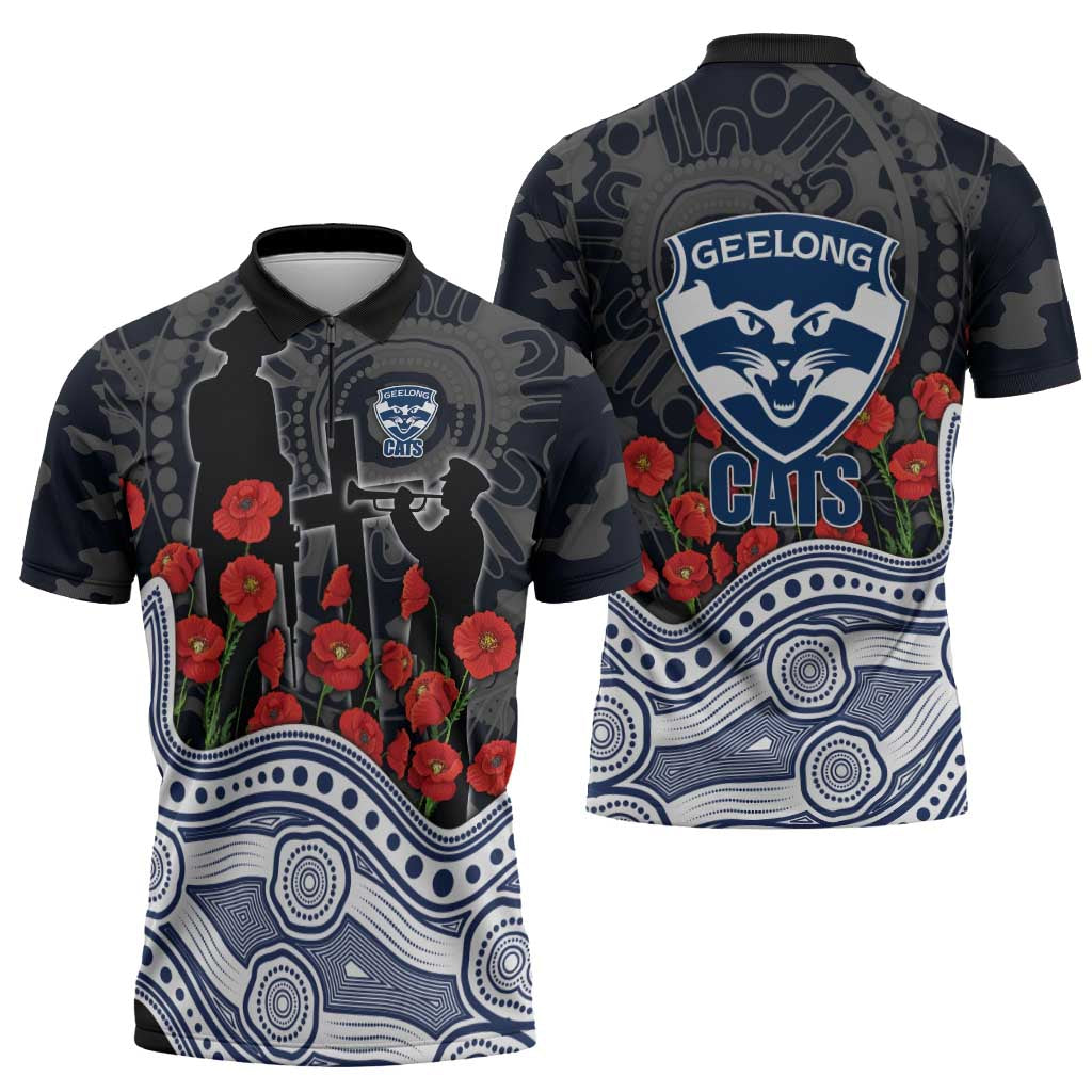 Geelong Cats ANZAC Day Zipper Polo Shirt Indigenous Dot Art with Poppy Flower Tribute