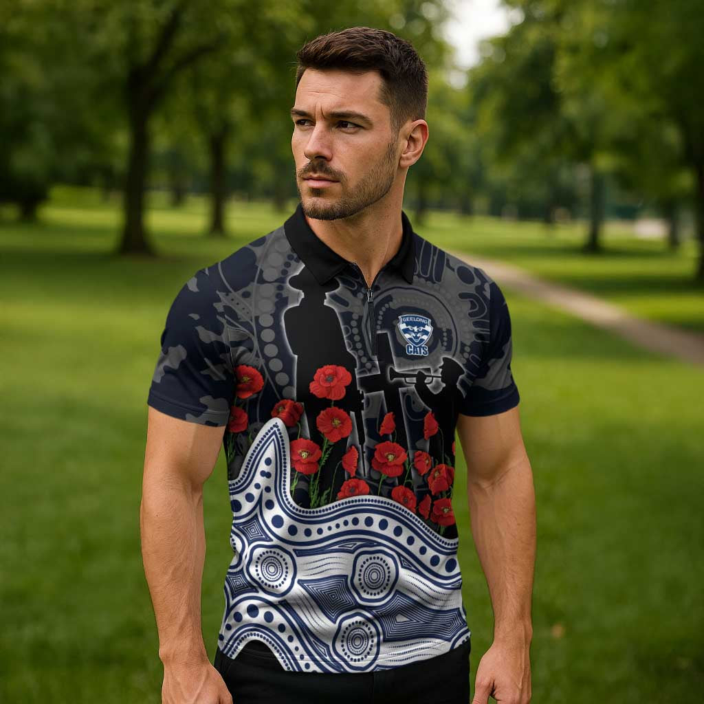 Geelong Cats ANZAC Day Zipper Polo Shirt Indigenous Dot Art with Poppy Flower Tribute