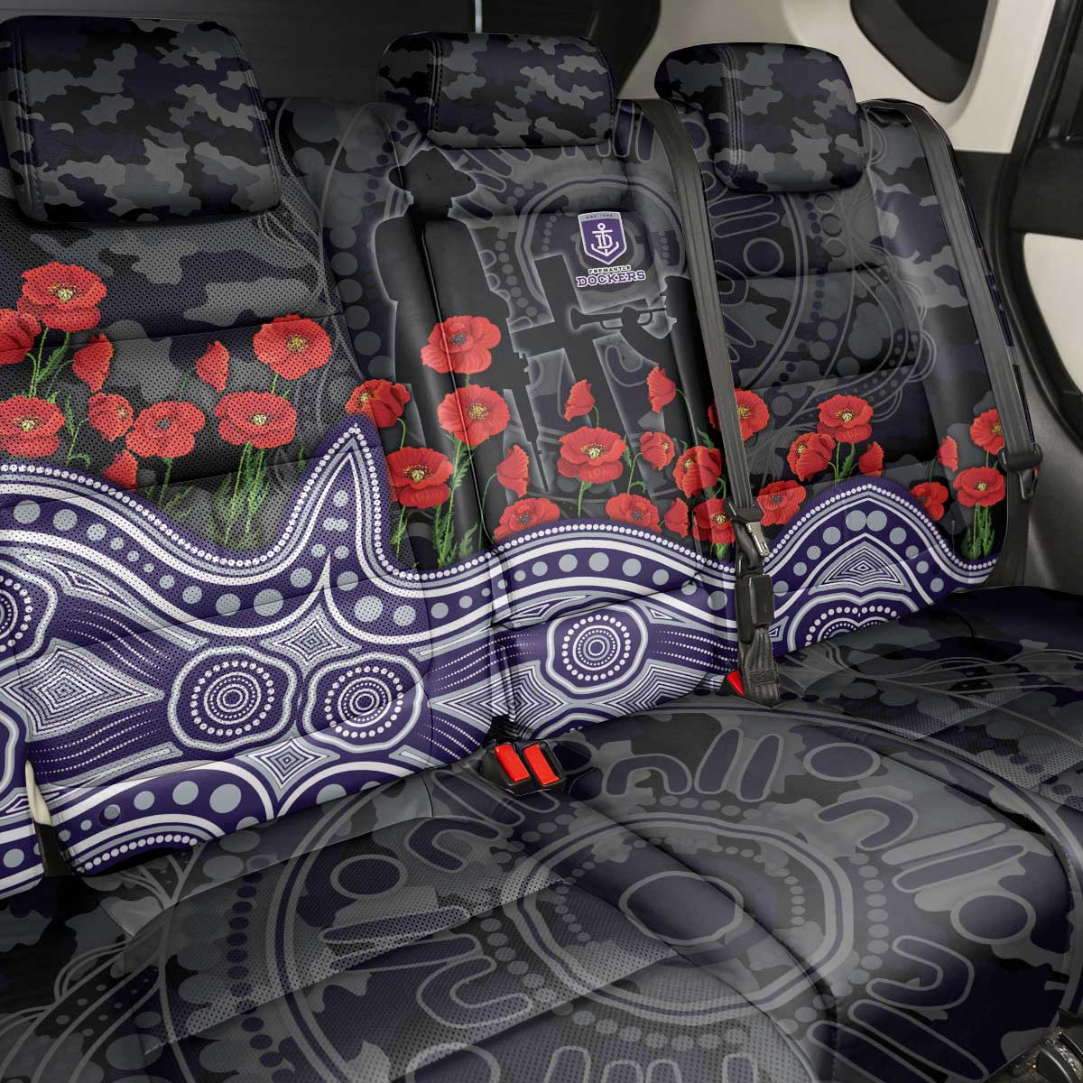 Fremantle Dockers ANZAC Day Back Car Seat Cover Indigenous Dot Art with Poppy Flower Tribute