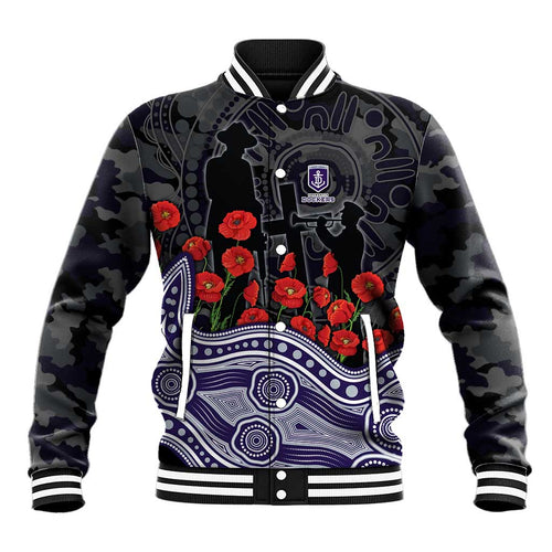 Fremantle Dockers ANZAC Day Baseball Jacket Indigenous Dot Art with Poppy Flower Tribute
