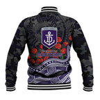 Fremantle Dockers ANZAC Day Baseball Jacket Indigenous Dot Art with Poppy Flower Tribute
