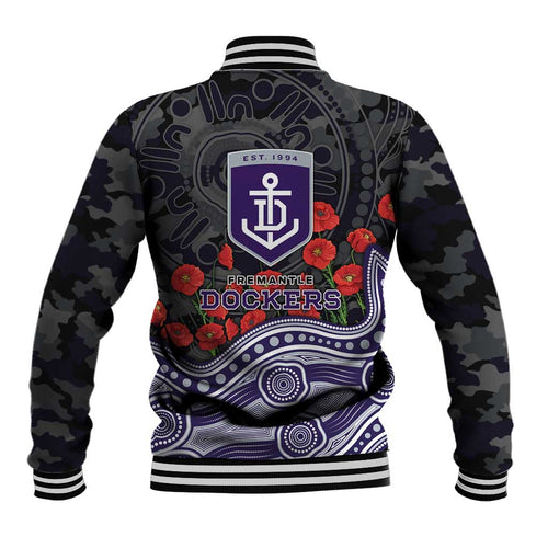 Fremantle Dockers ANZAC Day Baseball Jacket Indigenous Dot Art with Poppy Flower Tribute