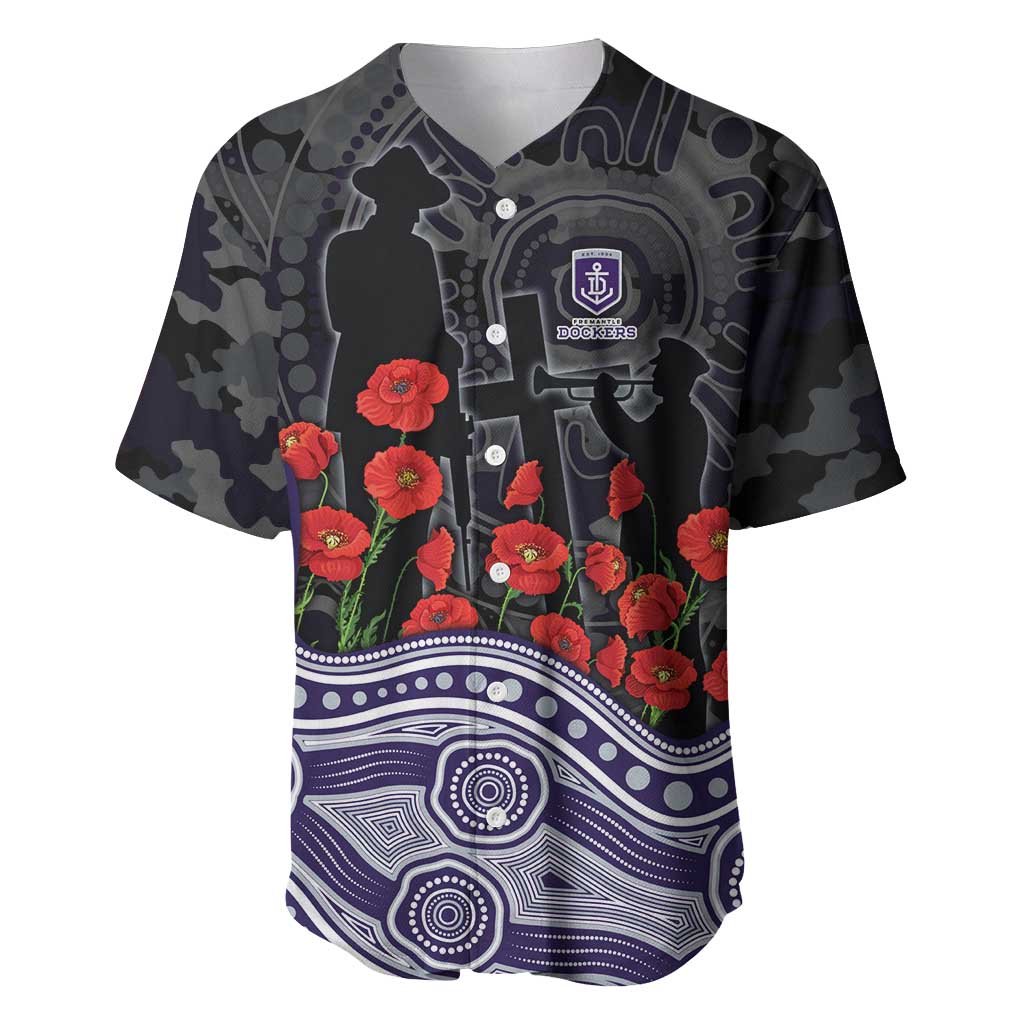 Fremantle Dockers ANZAC Day Baseball Jersey Indigenous Dot Art with Poppy Flower Tribute