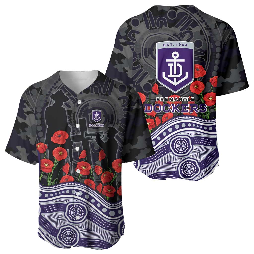 Fremantle Dockers ANZAC Day Baseball Jersey Indigenous Dot Art with Poppy Flower Tribute