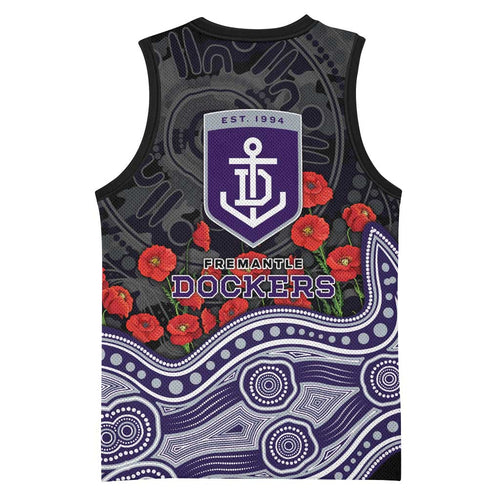 Fremantle Dockers ANZAC Day Basketball Jersey Indigenous Dot Art with Poppy Flower Tribute