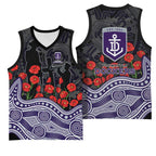Fremantle Dockers ANZAC Day Basketball Jersey Indigenous Dot Art with Poppy Flower Tribute
