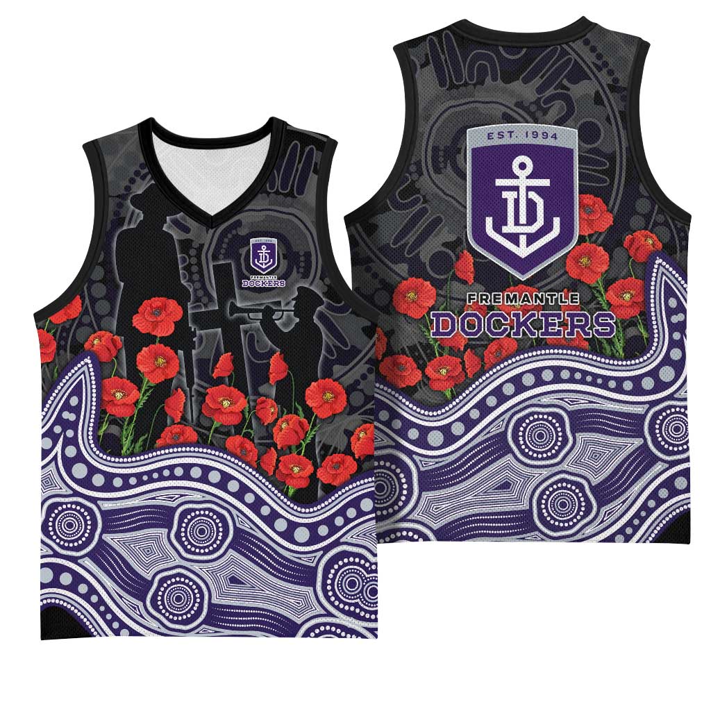 Fremantle Dockers ANZAC Day Basketball Jersey Indigenous Dot Art with Poppy Flower Tribute