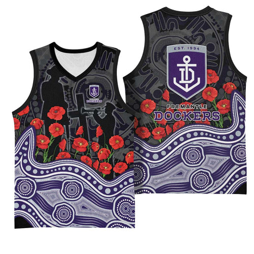 Fremantle Dockers ANZAC Day Basketball Jersey Indigenous Dot Art with Poppy Flower Tribute